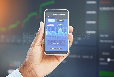 Buy stock photo Hand, phone screen or businessman trading on stock market, fintech app or cryptocurrency website. Ux homepage, data analysis closeup or financial trader checking online for savings investment growth