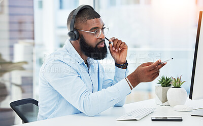 Buy stock photo Call center, customer service and consultant talking on call for insurance advice in an office for online telemarketing. Computer, contact us and man employee in discussion for sales or support