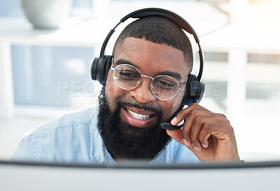 Buy stock photo Call center, customer service and salesman talking on call for insurance advice in office for online telemarketing. Smile, contact us and man employee discussion for sales, communication or support