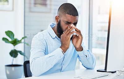 Buy stock photo Allergy, blowing nose or sick businessman in office or worker with hay fever sneezing or illness in workplace. Sneeze, black man or trader with toilet paper tissue, virus or flu disease at desk 