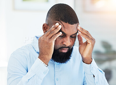 Buy stock photo Stress, anxiety or tired businessman with headache overwhelmed by problems, mistake or failure. Stock market crash, burnout or frustrated black man trader overworked in office with fatigue or failure