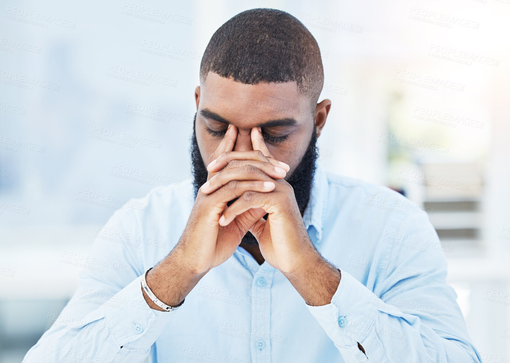 Buy stock photo Stress, fail or tired businessman with headache overwhelmed by problems, mistake or stock market crash. Burnout, loss or frustrated black man trader overworked in office with fatigue or debt crisis