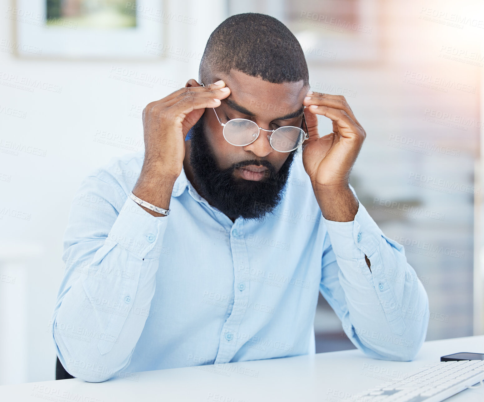 Buy stock photo Stress, burnout or tired businessman with headache overwhelmed by problems, mistake or failure. Stock market crash, glasses or frustrated black man trader overworked in office with fatigue or failure