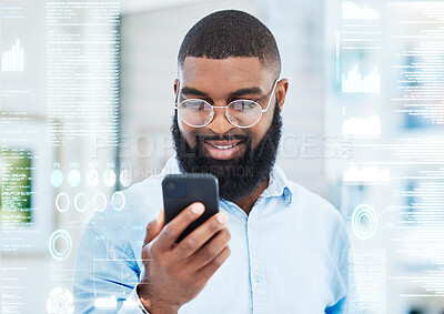 Buy stock photo Business, hologram and black man with a smartphone, investment and stock market with notification. Holographic, person and investor with a cellphone, coding and software update with email and trading