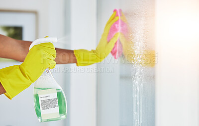 Buy stock photo Window, spray and hands cleaning in a home for hygiene, germ protection and maintenance with a chemical in a house. Bacteria, glass and housekeeper or cleaner working on a wood desk with gloves