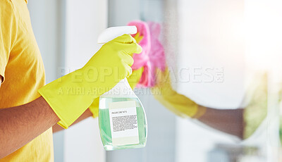 Buy stock photo Glass, spray and hands cleaning in a home for hygiene, germ protection and maintenance with a chemical in a house. Bacteria, service and housekeeper or cleaner working on a window with gloves