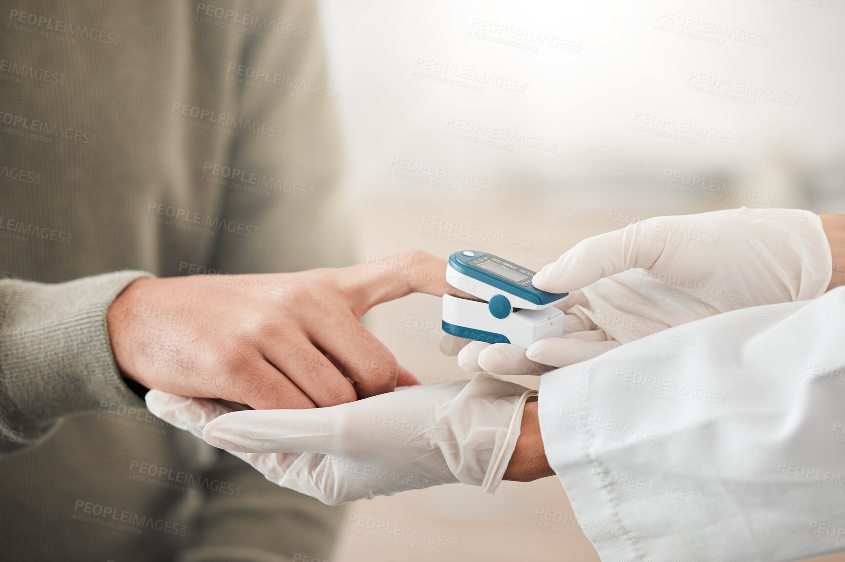 Buy stock photo Blood pressure, doctor and hands test patient with hypertension and technology help person with healthcare check. Digital, device and man finger at a medical exam for diabetes support with equipment