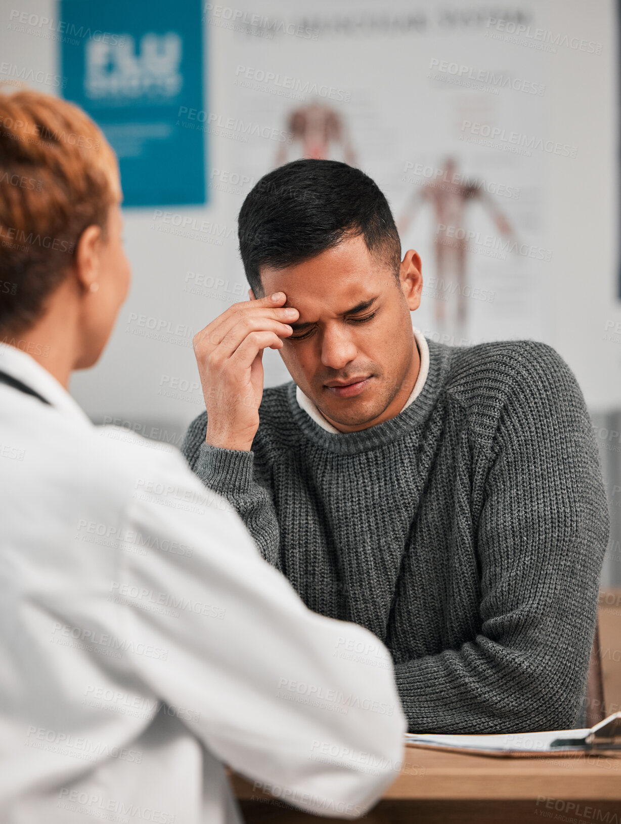 Buy stock photo Stress, headache and doctor with patient in consultation, exam or test in hospital clinic with head pain. Burnout, fatigue and medical professional helping a tired or sick man with nursing advice 