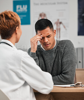 Buy stock photo Pain, headache and doctor with patient in consultation, exam or test in hospital clinic with stress. Burnout, fatigue and medical professional helping a tired person or sick man with nursing advice 