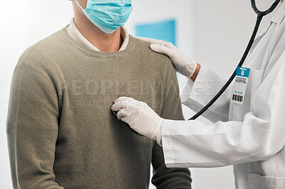 Buy stock photo Doctor, closeup or woman with patient breathing for healthcare, nursing or wellness in clinic. Asthma exam, test or hands of medical worker checking heart beat with listening equipment in hospital