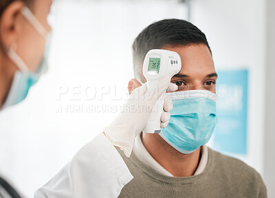 Buy stock photo Laser, face mask or nurse with thermometer for healthcare checkup in hospital clinic or medical center. Hand, infrared temperature test or doctor screening for fever, virus or disease on patient