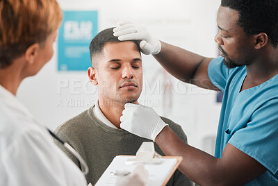 Buy stock photo Doctor, nurse and patient, healthcare and assessment with people in hospital, check vitals with wellness. Medical exam, men and woman in clinic, checklist with health insurance and consultation