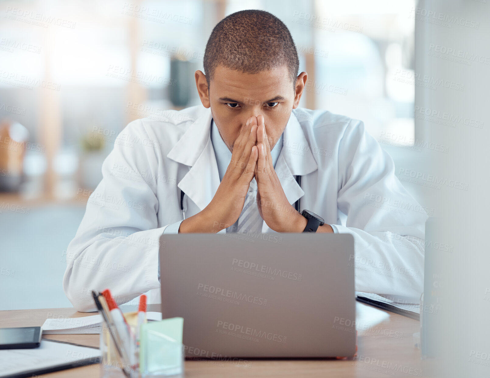 Buy stock photo Hospital, laptop and stress with burnout, internet issue and mistake with glitch, headache and frustrated. Male person, medical professional or employee with a pc, migraine and 404 error with fatigue