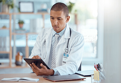 Buy stock photo Man, doctor and digital tablet for hospital schedule, surgery planning and healthcare help. Biracial person, medical and professional on technology for test results and prescription medicine research