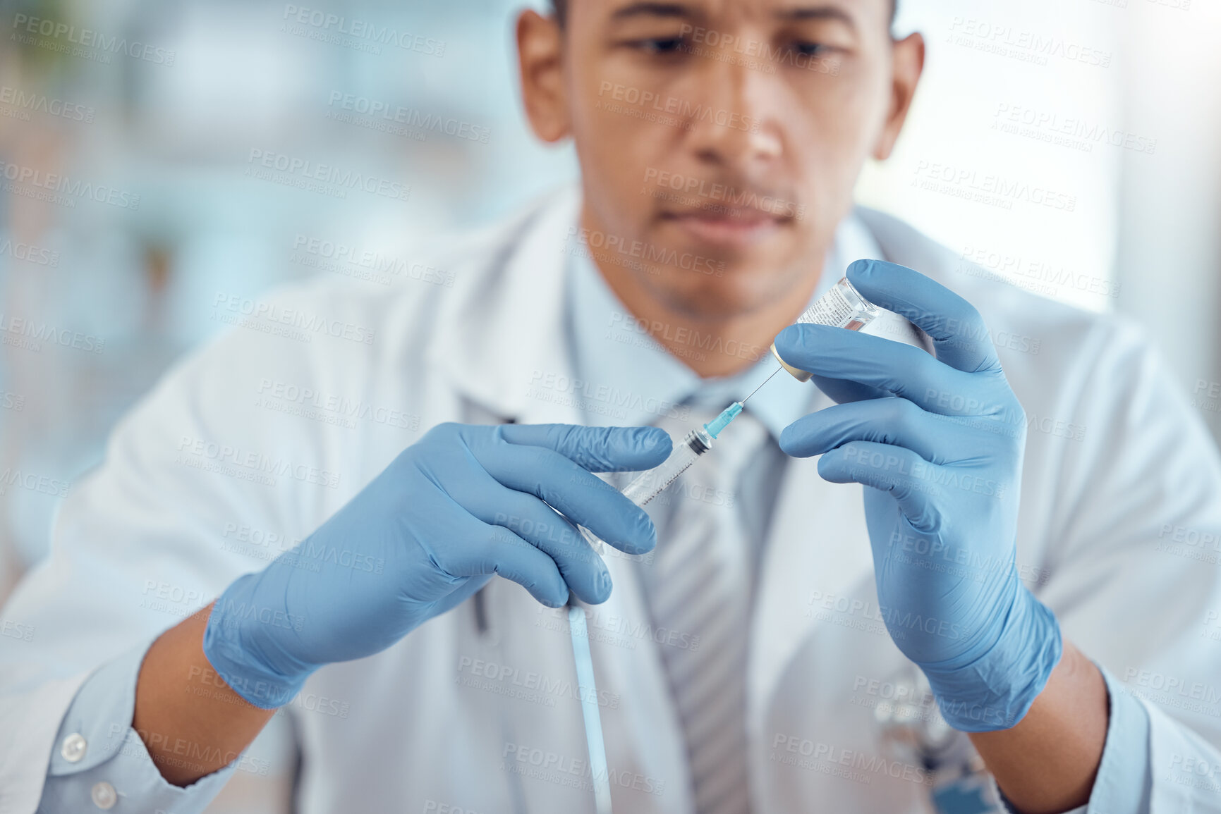 Buy stock photo Vaccine bottle, needle and doctor for safety, healthcare and medicine in hospital. Closeup, hands of man or prepare vaccination, virus injection and vial for immunity, medical drugs or liquid product