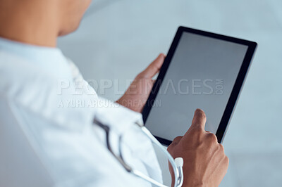 Buy stock photo Person hands, doctor and tablet screen for hospital schedule, surgery planning or healthcare mockup. Digital, technology or mock up space for information on medical aid, prescription or test results