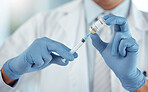 Healthcare, vaccination and closeup of a doctor with a needle for a flu, sick or allergy treatment. Professional, injection vial and zoom of male medical worker with a vaccine syringe in a hospital