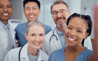 Buy stock photo Doctors, diversity and selfie with healthcare, smile and memory with teamwork, social media and collaboration. Portrait, staff or profile picture with happiness, medical professionals and happy group