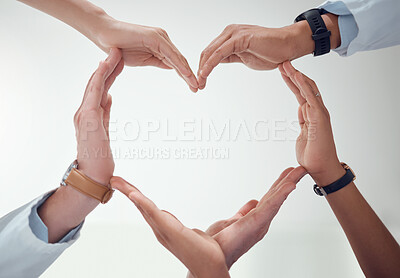 Buy stock photo Heart, teamwork or hands of doctors with support in collaboration for healthcare wellness together. Closeup, love shape or medical nurses with group solidarity, integrity or mission with mockup space