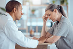 Sad, healthcare and a doctor with support for a woman, medical results or feedback in an office. Mental health, hospital and a senior patient speaking to a man at a clinic with a problem or mistake