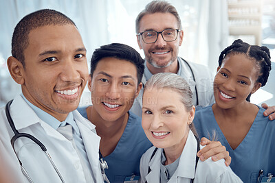 Buy stock photo Doctors, diversity and selfie with healthcare, happy and memory with teamwork, social media and career. Portrait, staff or profile picture with happiness, medical professionals or fun in a hospital