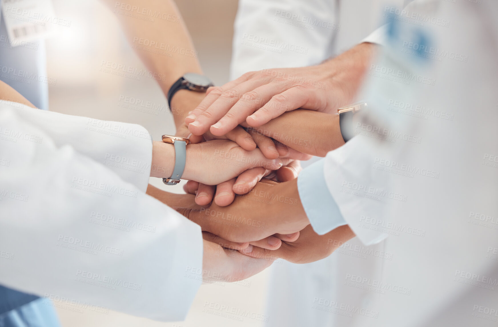 Buy stock photo Hands together, team and collaboration with doctors and support, healthcare service and solidarity at hospital. Group of people, meeting and teamwork with health mission, innovation and strategy