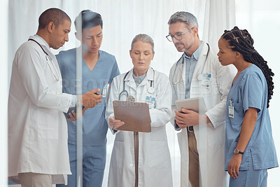 Buy stock photo Group of doctors, nurses and checklist in hospital, meeting and planning surgery or team schedule. Healthcare, discussion and medical staff with clipboard in consultation feedback together in clinic.