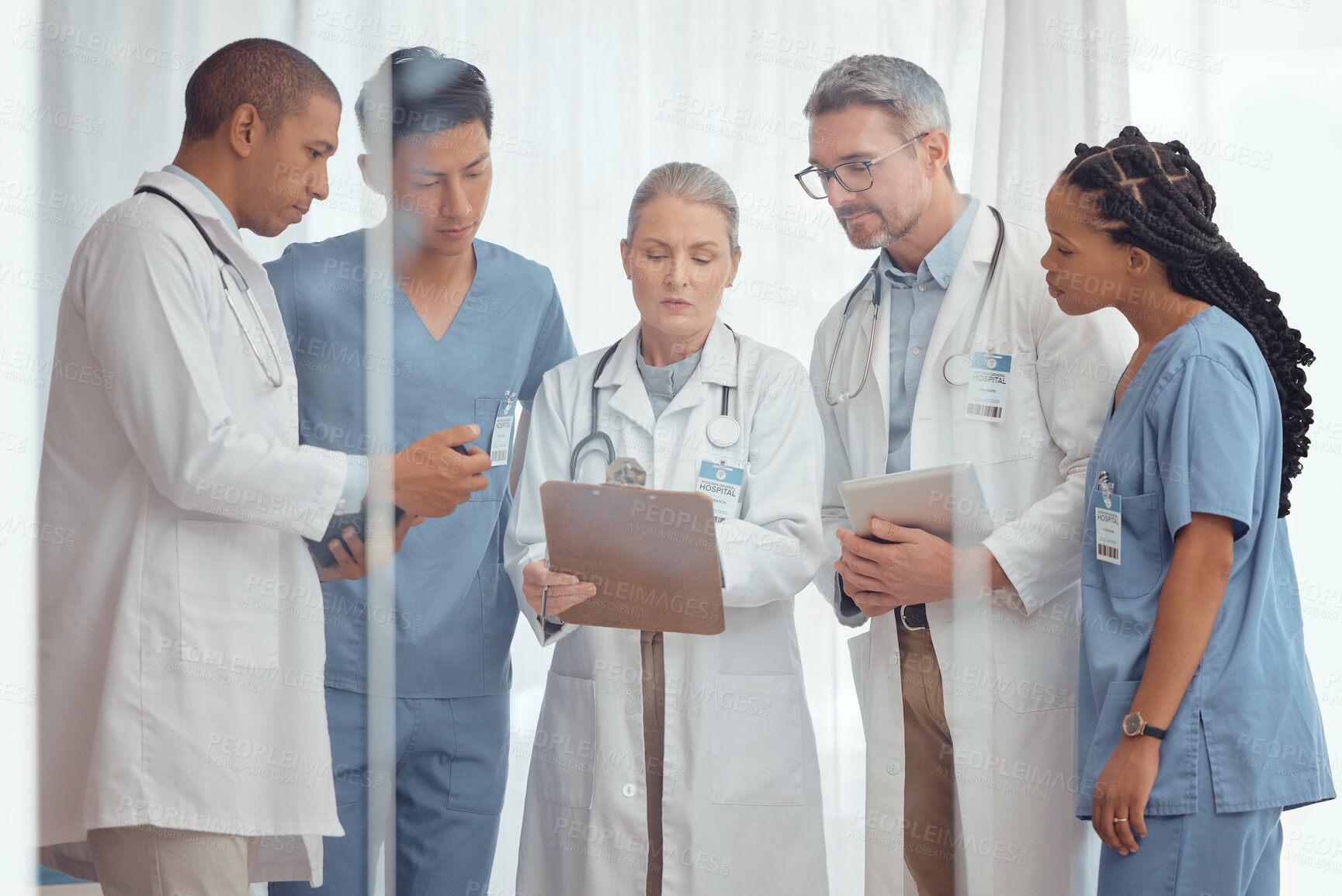 Buy stock photo Group of doctors, nurses and checklist in hospital, meeting and planning surgery or team schedule. Healthcare, discussion and medical staff with clipboard in consultation feedback together in clinic.