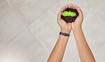 Soil, mockup and hands of person with plant for planting vegetables, harvest or ecosystem. Banner space, sustainability or farmer with dirt, earth and leaf seedling for environment or natural growth