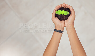 Buy stock photo Soil, mockup and hands of person with plant for planting vegetables, harvest or ecosystem. Banner space, sustainability or farmer with dirt, earth and leaf seedling for environment or natural growth