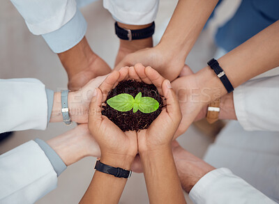 Buy stock photo Hands, support or doctors with plant for teamwork or growth research with mission or unity in hospital. Group, nurse and top view of leaf seedling with soil for solidarity, healthcare or wellness