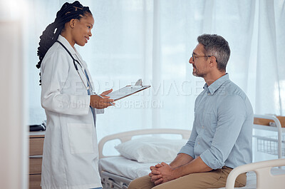 Buy stock photo Doctor results, patient and happy people consulting in hospital consultation, medical checkup or healthcare assessment. Clinic nurse, medicine professional and expert surgeon talking with client