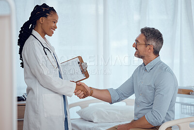 Buy stock photo Doctor, happy patient and people shaking hands for hospital agreement, checkup success or healthy exam results. Clinic nurse, medicine expert and surgeon welcome, thank you and handshake with client