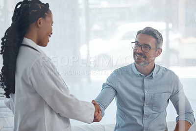 Buy stock photo Doctor consultation, patient and happy people handshake, wellness and hospital greeting, healthcare support or help. Agreement, happiness or medical surgeon hello, thank you or shaking hands with man