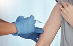 Doctor, arm injection and vaccine for patient in healthcare clinic, virus protection and wellness services. Closeup of needle, hands of medical nurse and medicine for safety, risk and sick immunity 