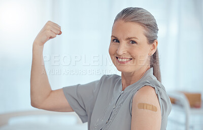 Buy stock photo Strong, portrait and a woman with a plaster from a vaccine, healthcare and safety from virus. Happy, muscle and an elderly or senior hospital patient with medical insurance, motivation or vaccination