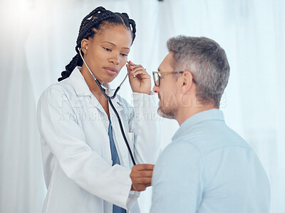 Buy stock photo Doctor, black woman listening with stethoscope to patient heartbeat, healthcare services and cardiology assessment in clinic. Medical worker check heart, lungs and breathing test of man in hospital