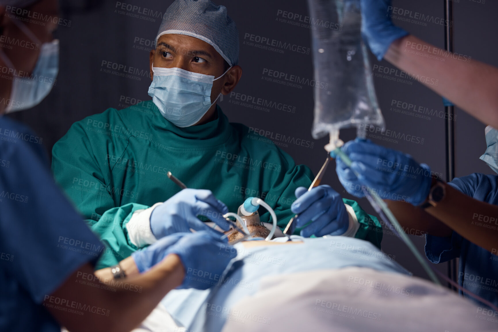 Buy stock photo Surgery collaboration, man or surgeon operation, hospital emergency aid or expert helping, support and healing patient. Medical procedure, accident injury or healthcare doctors saving client at night