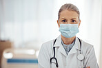 Woman, portrait and doctor with face mask in hospital for medical services, surgery and mockup space. Serious female surgeon, senior therapist and healthcare manager with safety ppe working in clinic