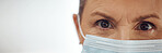 Doctor, portrait and woman with mask, mockup banner and safety in healthcare in hospital on white background. Ppe, face and eyes of medical professional, rules and compliance working in clinic space.