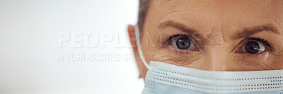 Buy stock photo Doctor, portrait and woman with mask, mockup banner and safety in healthcare in hospital on white background. Ppe, face and eyes of medical professional, rules and compliance working in clinic space.