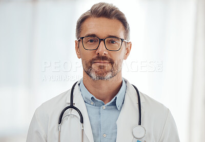 Doctor, senior man and portrait with health and physician at hospital, stethoscope and cardiology surgeon. Professional headshot of male person, expert in medical and cardiovascular healthcare