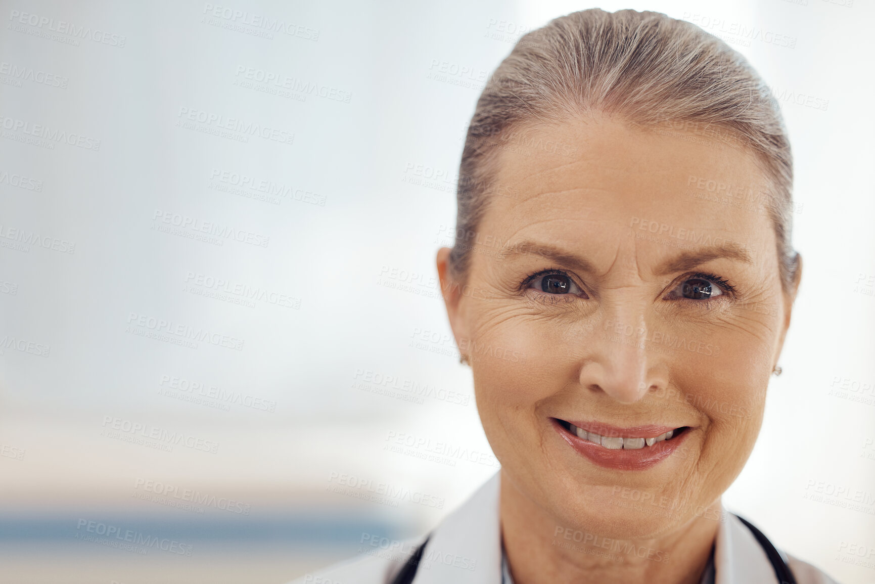 Buy stock photo Happy, space and doctor with portrait of woman in hospital for medicine, surgery and future. Healthcare, expert and therapist with face of mature person in clinic for smile, medical and mockup