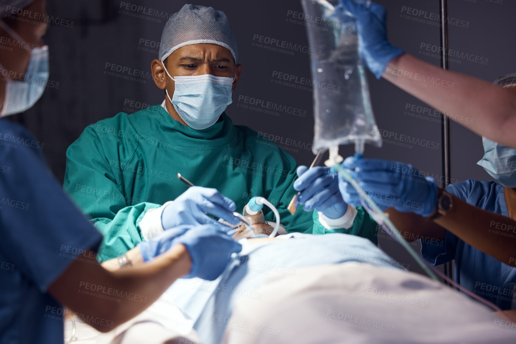 Buy stock photo Surgery teamwork, man and surgeon operation, accident emergency service or helping healthcare patient at night. Clinic collaboration, operating room theater and doctors group doing medical procedure 