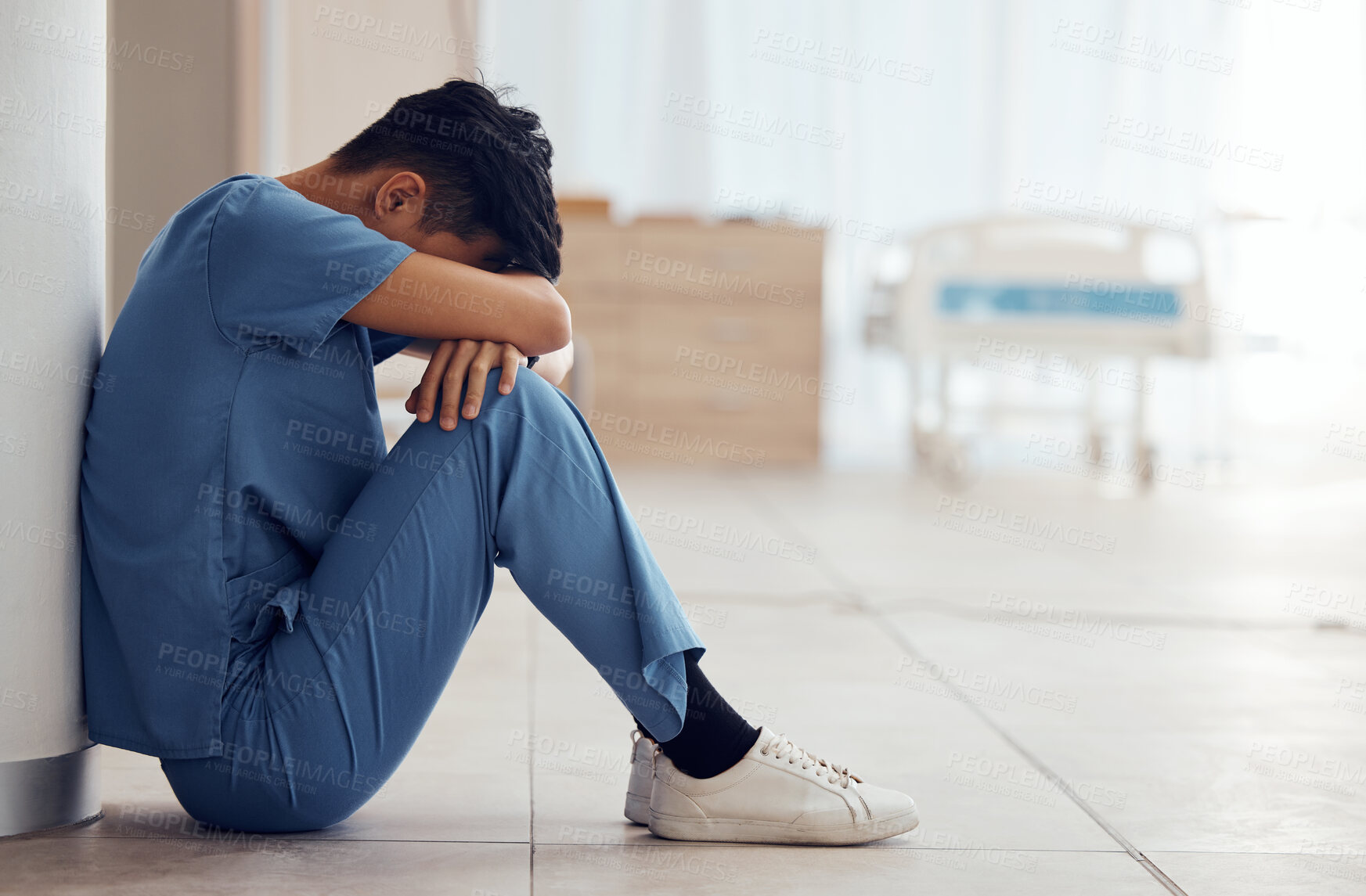 Buy stock photo Healthcare, man on the floor and stress with depression, employee and panic attack with burnout. Person, medical professional and sad doctor with mental health problem and surgery fail in a hospital