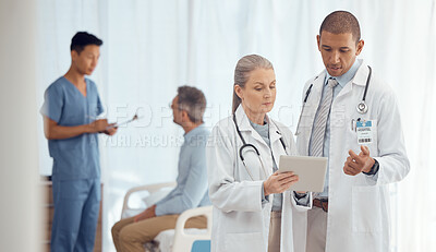 Buy stock photo Doctors, team and man with woman and tablet, medical test results and consultation with collaboration at hospital. Surgeon, teamwork and medical professional with digital surgery plan and healthcare