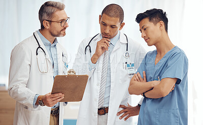 Buy stock photo Teamwork, thinking or doctors with checklist in hospital meeting or discussion for collaboration together. Leader, help or surgeons talking or speaking of healthcare schedule, report or data analysis