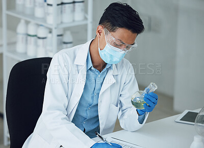 Buy stock photo Science, laboratory and man with chemical for doctor research and study in clinic. Lab notes, liquid analysis and healthcare professional with innovation and solution for virus test of scientist