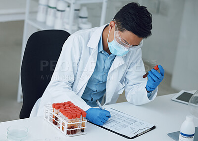 Buy stock photo Report, blood sample or scientist writing research for medical analysis or medicine development. Face mask, checklist or researcher studying science paper or test results of DNA or virus in vial tube