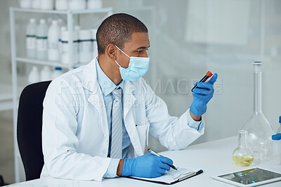 Buy stock photo Science, medical and man with blood work for doctor research and study in clinic. Lab expert, analysis and healthcare professional with hospital notes and writing for laboratory test of scientist